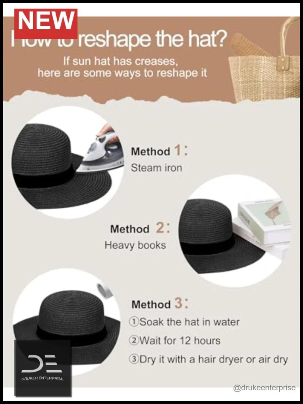 Wide Brim Straw Sun Hat with UV Protection, Packable for Women